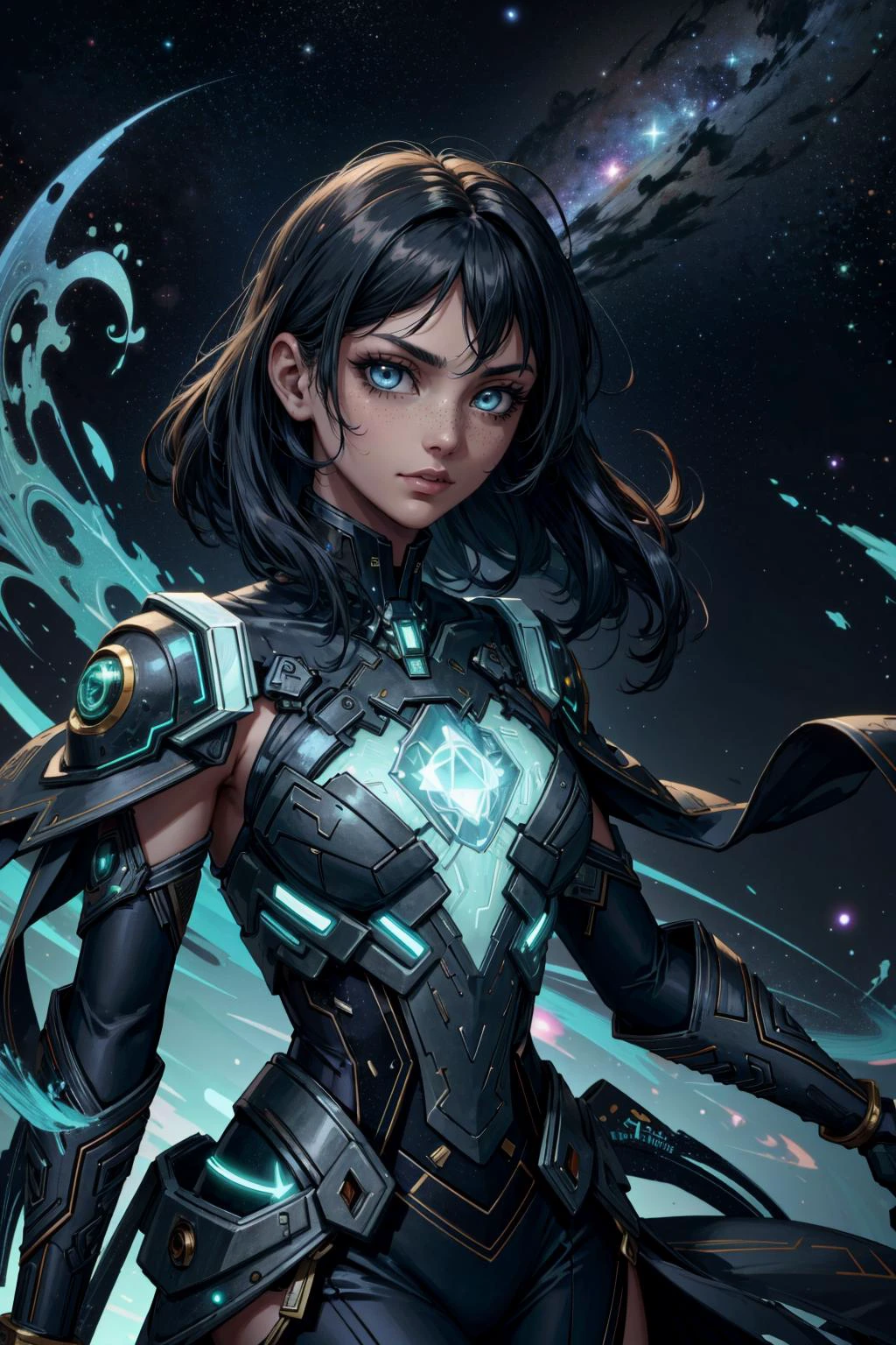 (masterpiece:1.2, best quality:1.2, beautiful, high quality, highres:1.1), detailed, extremely detailed, abstract art, dark, 4K, <lora:add_detail:0.5>, <lora:kittew_v0.1:0.3>, <lora:mitsuart_v8.1a:0.2>,
1 girl, adult (elven:0.7) woman, freckles, jade eyes, black shaggy hair,
(style-swirlmagic:0.7), portrait, solo, (full body:0.6), looking at viewer, detailed background, detailed face, (<lora:PrecursorTech:0.6>, scifi, precursortech theme:1.1) cosmic mage, zodiac, horoscope, calm composure, leo, patterns, interstellar power, nebula, glow, aura, shine, weightlessness, floating particles, stardust, cosmic space background, otherworldly ethereal atmosphere,