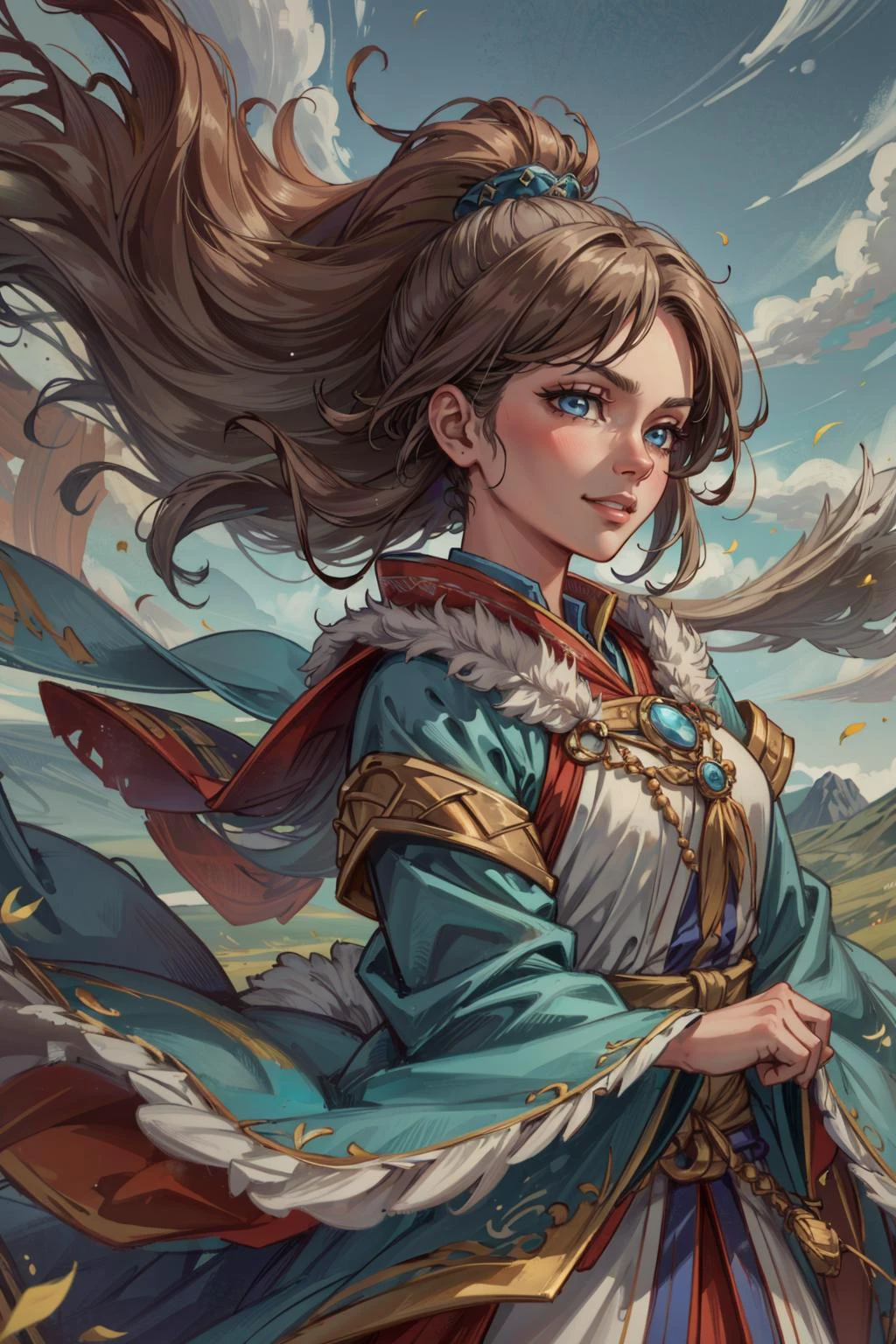 (masterpiece:1.2, best quality:1.2, beautiful, high quality, highres:1.1), detailed, extremely detailed, abstract art, dark, 4K, <lora:add_detail:0.5>, <lora:kittew_v0.1:0.3>, <lora:mitsuart_v8.1a:0.2>,
<lora:GoodHands-beta2:0.8>,
1 girl, adult woman, blue eyes, medium brown blowout hair,
(style-swirlmagic:0.8), solo, (full body:0.6), detailed background, detailed face, (<lora:MongolPunkAI:0.6>, MongolPunkAI, mongolian steppe nomad theme:1.1), wind mage, aeromancer, mystical grin, purple feathered mage vest, enchanted diamond talisman, gentle wind blowing, embodying wind magic, , aerial currents, clear sky in background, rays of soft light,