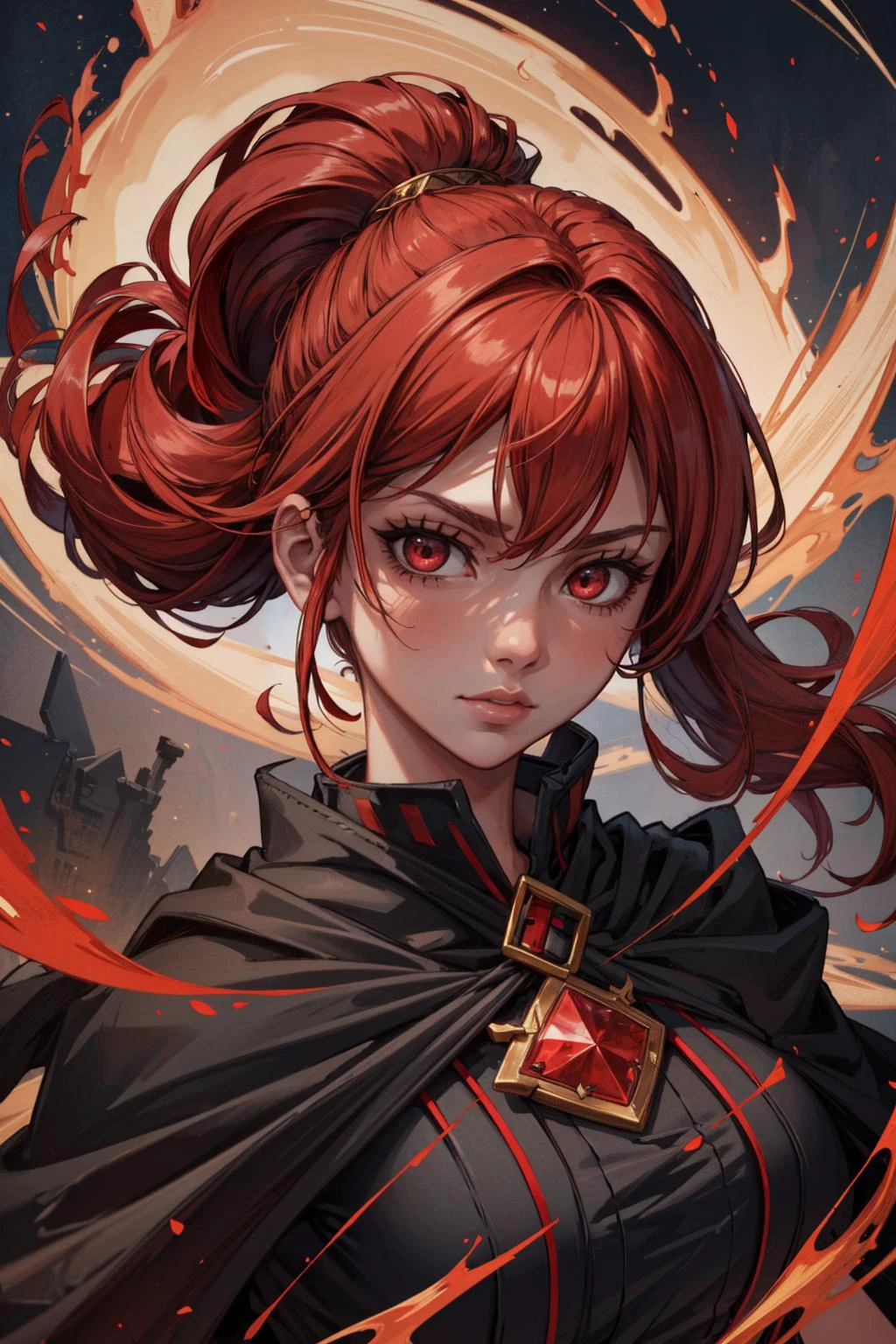 (masterpiece:1.2, best quality:1.2, beautiful, high quality, highres:1.1), detailed, extremely detailed, abstract art, dark, 4K, <lora:add_detail:0.5>, <lora:kittew_v0.1:0.3>, <lora:mitsuart_v8.1a:0.2>,
1 girl, adult (elven:0.7) woman, grey eyes, copper ponytail,
Style-GravityMagic, portrait, looking at viewer, solo, half shot, detailed background, detailed face, blood red eyes, blood sorcerer, red spellcaster robes, bloodthirsty, crimson magical symbols floating in the air, blood sacrifice, stained with blood, blood-red flames, in background, arcane scarlet aura, darkness, symmetrical composition, epic atmosphere,