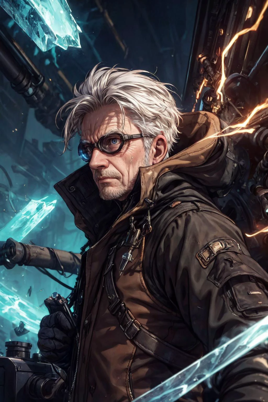 (best quality, masterpiece:1.2), photorealistic, thick outlines, strong shadows, <lora:add_detail:0.75>,
(1man, old male:1.2), frail, ruby eyes, white hair, undercut,
(style-rustmagic:0.8), (medieval cyborg:0.8), portrait, looking up, solo, upper body, detailed background, (medieval dark fantasy theme:1.1) determined expression, dynamic pose, bright clouds engineer, floating screws, dark orange trenchcoat with straps, techwear, goggles, lead pipe, icy tundra in background, machines, steam, engineering, grime, screen, switches, automaton, electricity, electric sparks
<lora:mitsuart_v8.1a:0.6>,