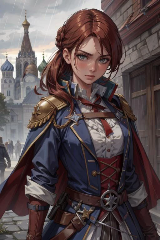 (masterpiece:1.2, best quality:1.2, beautiful, high quality, highres:1.1), detailed, extremely detailed, abstract art, dark, 4K, <lora:add_detail:0.5>, <lora:kittew_v0.1:0.3>, <lora:mitsuart_v8.1a:0.2>,
1 girl, adult swedish woman, grey eyes, auburn bun hair,
(bloody scars:0.7), looking down, solo, upper body, detailed background, Moscow, Kremlin,Notre Dame, 1700s, french tricolor flag, french revolution theme, assassins creed, assassin, 0.5::blue tattered assassin clothes, cloak, straps, dynamic pose, sewers in background, floating particles, rain,
