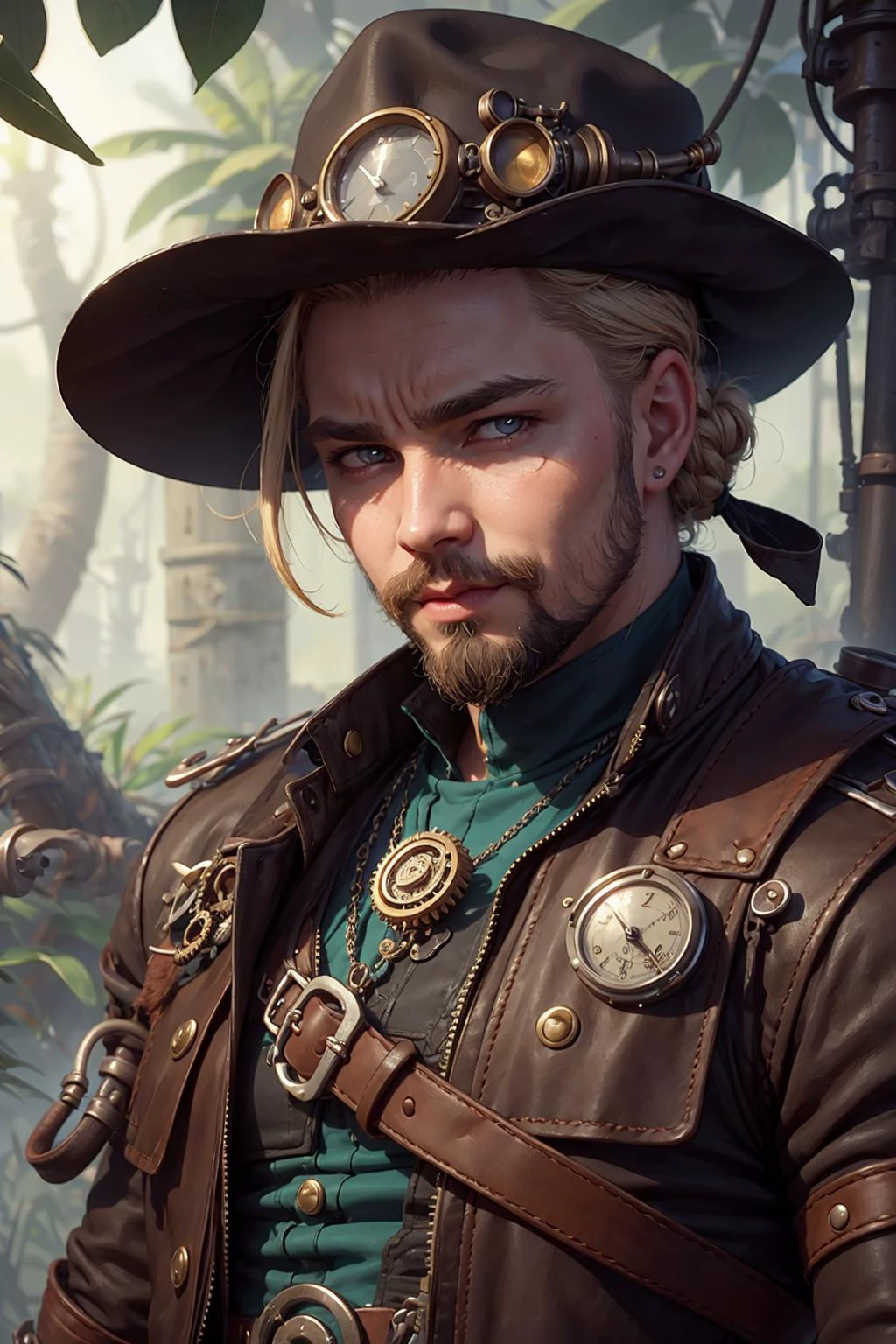 (1man, fat adult ukrainian male:1.2), teal eyes, blonde hair, quiff,
portrait, solo, half shot, detailed background, detailed face, (<lora:SteamPunkAI:0.4>, steampunkai, steampunk theme:1.1), explorer, sneaking, dynamic pose, leather clothes, shirt, artifact amulet, belt, (leather pouches:0.4), treasure map, (abandoned:0.7) tropical jungle background, dust, dark cinematic atmosphere, occult, mist,
<lora:mitsuart_v8.1a:0.6>,