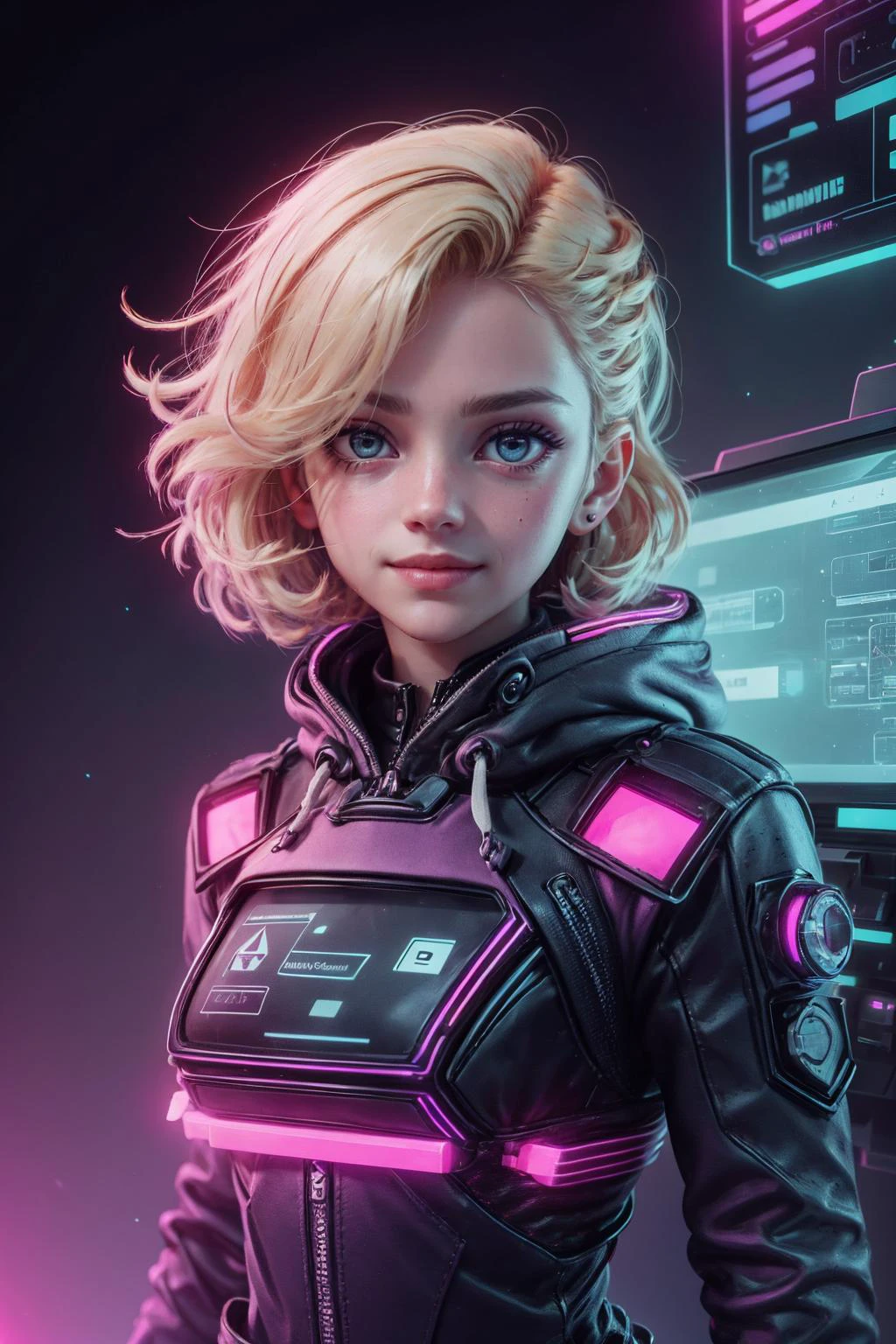 (masterpiece, best quality), game cg cinematic, <lora:add_detail_v5:1>, <lora:anime3d:0.75>, <lora:3DMM_V12:0.25>, 3DMM,
1 girl, adult woman, jade eyes, medium blonde quiff hair,
portrait, looking at viewer, solo, upper body, detailed background, detailed face, (<lora:RetrowaveTech:0.6>, scifi, synthwave, vaporwave, retrowavetech theme:1.1) high-tech futuristic hacker, smirk, advanced technology, hoodie, techwear, keycard, electronics, head-up display, blue (holographic display:1.05), access denied, barcode, password, screens in background, stealth, dark sinister atmosphere,
<lora:mitsuart_v8.1a:0.6>,