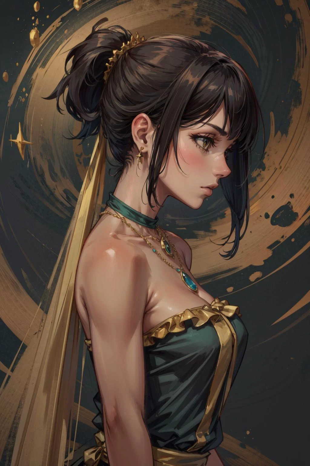 (masterpiece:1.2, best quality:1.2, beautiful, high quality, highres:1.1), detailed, extremely detailed, abstract art, dark, 4K, <lora:add_detail:0.5>, <lora:kittew_v0.1:0.3>, <lora:mitsuart_v8.1a:0.2>,
1 girl, adult british woman, dark brown eyes, yellow shag hair, bangs, ,
solo, <lora:GoodHands-beta2:0.8>,
(simple background, black color palette:1.1),
upper body,
from side, side view, turning around,
kneeling,
shiny skin,
sexy,
dark green clothes, camisole, strapless, frills, shiny material,,
necklace, , ring,
(native american theme:1.0),
colorful,