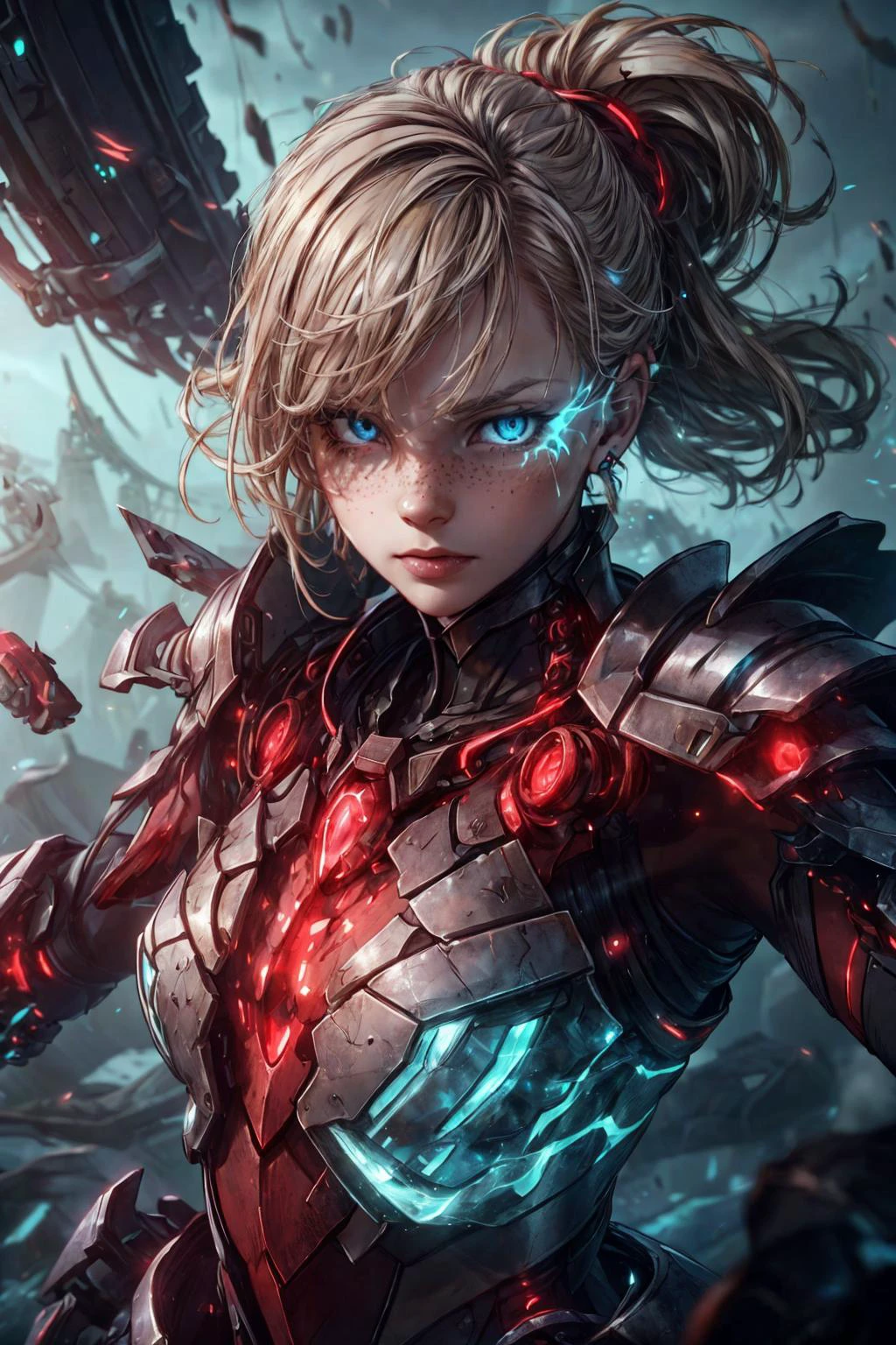 (best quality, masterpiece:1.2), photorealistic, thick outlines, strong shadows, <lora:add_detail:0.75>,
1 girl, adult hungarian woman, freckles, grey-blue eyes, medium blonde half-up half-down hairstyle,
solo, half shot, looking at viewer, detailed background, detailed face, (<lora:GlowingRunesAIV3:0.6>, GlowingRunesAI_red theme:1.1), intense expression, glass-cyborg, (made of glass:1.1), translucent, titan, crystal armor, mechanical, mystic power, crackling electricity, wind, battlefield in background, cinematic atmosphere,
<lora:mitsuart_v8.1a:0.6>,