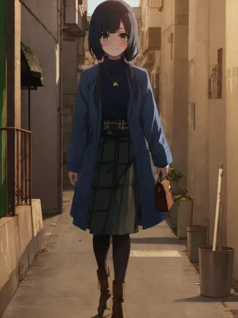 SLE, mksks style, detailed background absurdres, highres, full body, <lyco:GoodHands-beta2:1.0>,
BREAK solo, 1girl, <lora:Yasuhara Ema:1>, yasuhara ema, low twintails,
BREAK costume 13, blue coat, long coat, (blue sweater:1.5), turtleneck sweater, pendant, (long skirt, high-waist skirt), (green skirt, plaid skirt:1.5), (black pantyhose), (white boots), ankle boots, brown shoulder bag,
BREAK city, night, alley, trees, lamppost, city lights, outdoors
BREAK standing, smile, blush, looking at viewer, facing viewer,
