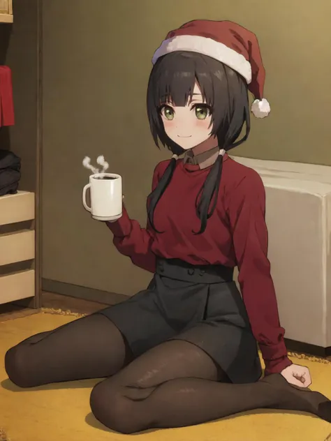 SLE, mksks style, detailed background absurdres, highres, full body, <lyco:GoodHands-beta2:1.0>,
BREAK solo, 1girl, <lora:Yasuhara Ema:1>, yasuhara ema, low twintails,
BREAK santa hat, (red sweater1.5), christmas sweater, long sleeves, (denim skirt, black skirt), (black pantyhose), no shoes, coffee mug, coffee cup,
BREAK sitting, wariza, holding cup, smile, blush, looking at viewer,
BREAK christmas, living room, house, chimney, christmas tree, indoors, night