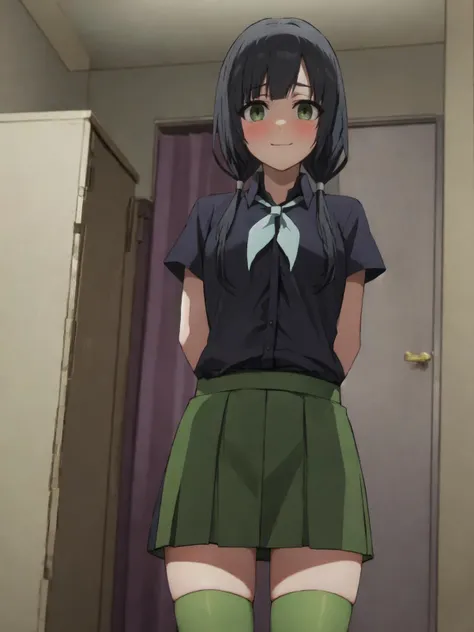 SLE, mksks style, detailed background absurdres, highres, cowboy shot, <lyco:GoodHands-beta2:1.0>,
BREAK solo, 1girl, <lora:Yasuhara Ema:1>, yasuhara ema, low twintails,
BREAK costume 12, black shirt, dress shirt, collared shirt, short sleeves, buttons, white neckerchief, green skirt, pleated skirt, (green thighhighs, green legwear),
BREAK living room, table, chair, kitchen hood, indoors,
BREAK standing, smile, blush, arms behind back, looking at viewer