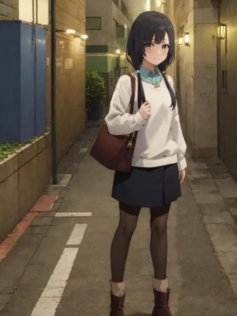 SLE, mksks style, detailed background SLE, mksks style, detailed background absurdres, highres, full body, <lyco:GoodHands-beta2:1.0>,
BREAK solo, 1girl, <lora:Yasuhara Ema:1>, yasuhara ema, low twintails,
BREAK costume 11, oversized sweater, (striped sweater, multicolored clothes, triple horizontal stripe, grey stripe, white stripe, blue stripe), long sleeves, pendant, (aqua shirt, collared shirt), (black skirt), denim skirt, (grey pantyhose), (white socks, socks over pantyhose, layered legwear), black boots, ankle boots,
BREAK city, sidewalk, buildings, lampposts, (night, city lights), outdoors,
BREAK standing, smile, blush, looking at viewer