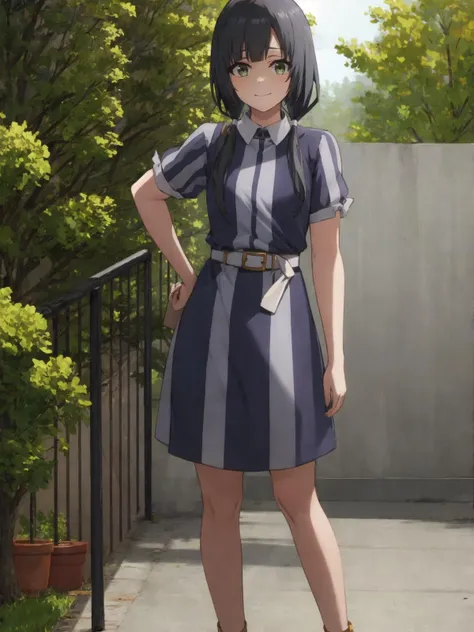 SLE, mksks style, detailed background SLE, mksks style, detailed background absurdres, highres, full body, <lyco:GoodHands-beta2:1.0>,
BREAK solo, 1girl, <lora:Yasuhara Ema:1>, yasuhara ema, low twintails,
BREAK costume 9, long dress, one-piece dress, collared dress, (light blue dress, vertical-striped dress, blue vertical stripes), short sleeves, (white belt), brown sandals, toeless footwear,
BREAK park, trees, garden, flowers, grass, sunlight, outdoors,
BREAK standing, hand on hip, contrapposto, smile, looking at viewer, facing viewer