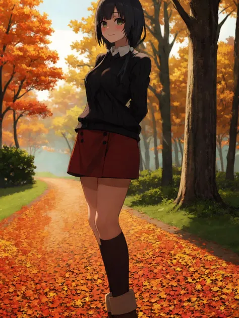 SLE, mksks style, detailed background absurdres, highres, full body, <lyco:GoodHands-beta2:1.0>,
BREAK solo, 1girl, <lora:Yasuhara Ema:1>, yasuhara ema, low twintails,
BREAK costume 6, black sweater, ribbed sweater, orange flower, white shirt, collared shirt, red skirt, buttons, (brown socks), kneehighs, black boots, ankle boots,
BREAK forest, trees, autumn leaves, autumn, sunlight, outdoors,
BREAK standing, arms behind back, smile, looking at viewer, blush