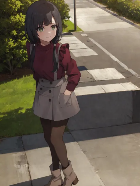 SLE, mksks style, detailed background SLE, mksks style, detailed background absurdres, highres, full body, <lyco:GoodHands-beta2:1.0>,
BREAK solo, 1girl, <lora:Yasuhara Ema:1>, yasuhara ema, low twintails,
BREAK costume 10, red sweater, frilled sweater, long sleeves, grey skirt, suspender skirt, suspenders, buttons, pockets, (brown pantyhose), (grey boots), ankle boots,
BREAK park, trees, garden, flowers, grass, sunset, orange sky, clouds, outdoors,
BREAK standing, arms behind back, smile, looking at viewer, facing viewer
