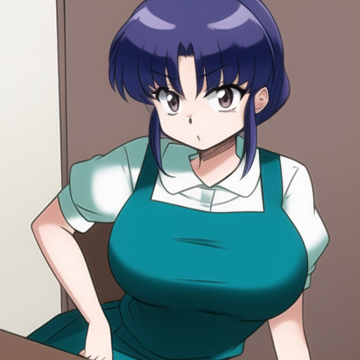Anime girl with blue hair and green apron standing in front of a mirror ...