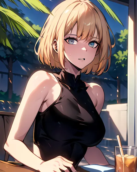 1 girl, Pulling the cheeks, Showing teeth, sit, Big Tits 1.3, Psychedelic colors, Blonde,Braiding, Middle Hair, Upstyle, Natural Makeup, look at the other person as if challenging them, Green Eyes, challenging,restaurant,18-year-old, Colorful Hair, Messy Hair, tonality, Romanticism, modern art, Impressionism, reflected light, 8k, masterpiece, Advanced Details, highest quality, Accurate