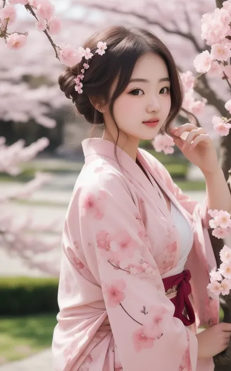 raw photo, photorealistic, high details, (20 year old female :1.5), side curled updo hair, medium breast) pink floral kimono, flowers background, cherry blossoms, sunny day, (model pose:1.2), (photography pose:1.2), highly detailed, intricate details, depth of field, (professional photography:1.1),