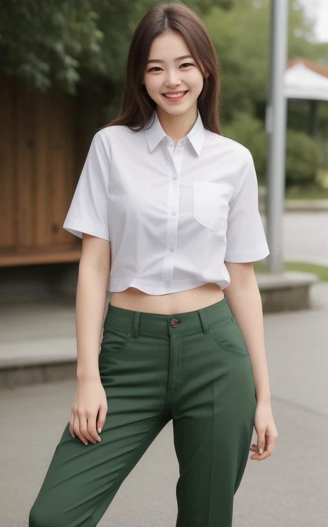 nsfw, high quality , (photorealistic:1.2), 1 girl, smiling, shirt, pants, outdoor