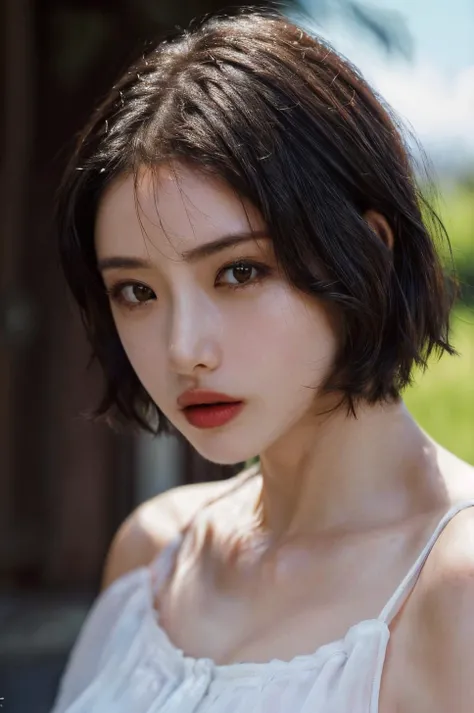 (masterpiece, best quality, beautiful quality, photorealistic, detailed lighting, extremely detailed skin, extremely detailed hair, shadows, 8k, a picture of a woman, short hair, black hair, upper body, 1girl, fcPortrait:1.2), <lora:add_detail:1>, <lora:ishiharasatomi_lora-06:1>