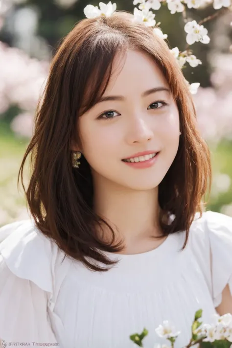 1girl,(RAW photo, best quality), (realistic, photo-realistic:1.4), face closeup, peplum dress,white skirt,(bokeh:1.2), flower park,sakura flowers,flower garden,
,smiling, <lora:ishiharasatomiV2_lora:0.85>