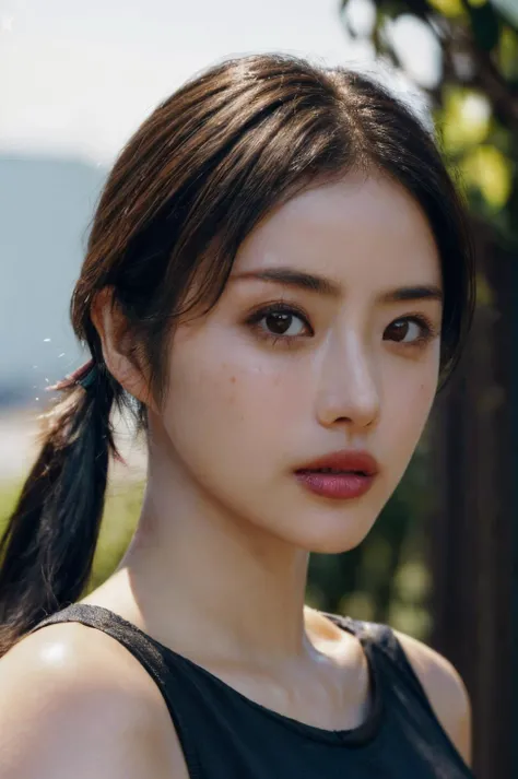(masterpiece, best quality, beautiful quality, photorealistic, detailed lighting, extremely detailed skin, extremely detailed hair, shadows, 8k, a picture of a woman, pony tail, black hair, upper body, 1girl, fcPortrait:1.2), <lora:add_detail:1>, <lora:ishiharasatomi_lora-06:1>