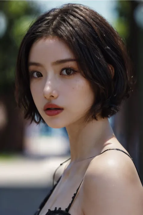 (masterpiece, best quality, beautiful quality, photorealistic, detailed lighting, extremely detailed skin, extremely detailed hair, shadows, 8k, a picture of a woman, short hair, black hair, upper body, 1girl, fcPortrait:1.2), <lora:add_detail:1>, <lora:ishiharasatomi_lora-06:1>