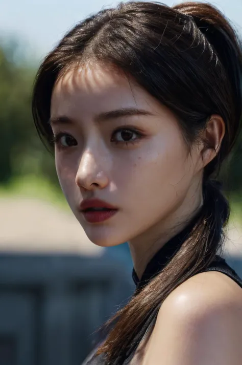 (masterpiece, best quality, beautiful quality, photorealistic, detailed lighting, extremely detailed skin, extremely detailed hair, shadows, 8k, a picture of a woman, pony tail, black hair, upper body, 1girl, fcPortrait:1.2), <lora:add_detail:1>, <lora:ishiharasatomi_lora-06:1>