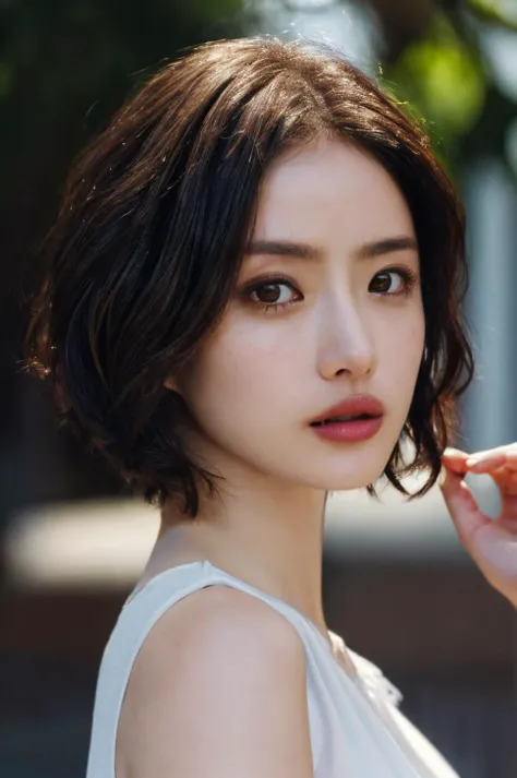 (masterpiece, best quality, beautiful quality, photorealistic, detailed lighting, extremely detailed skin, extremely detailed hair, shadows, 8k, a picture of a woman, short hair, black hair, upper body, 1girl, fcPortrait:1.2), <lora:add_detail:1>, <lora:ishiharasatomi_lora-06:1>