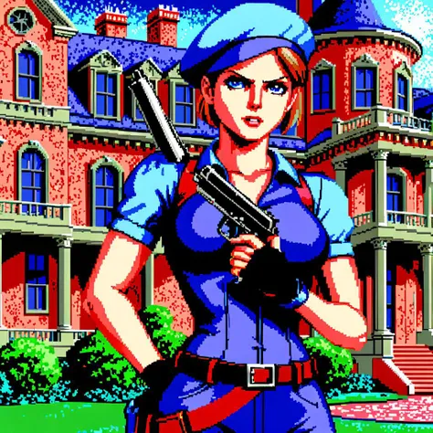 dosegagfx style, picture of jill valentine holding a pistol, blue beret, portrait, mansion background,
 <lora:dosegagfxSDXLv3_2:1>