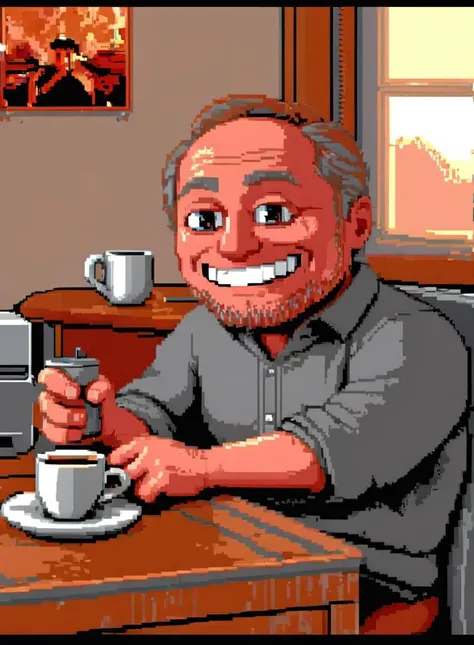 dosegagfx style, pixel art of harold sitting by a cup of coffee on a desk, smile, painful <lora:dosegagfxSDXLv3_2:1> <lora:harold:1>