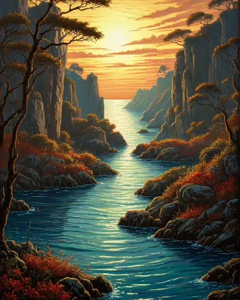 dosegagfx style, Conte Drawing of a landscape of a (Shoal:1.3) , Historical, at Golden hour, Sleepycore, L USM, arcane, vignette, ((Elegant)) , ((Phenomenal)) , ((Breathtaking)) , ((Detailed)) , ((Captivating)) , ((Astounding)) , fantasy, Spells, Nature, Mystical, oil painting, Oil on canvas, Oil artwork, Canvas painting, Antique glow, Vintage illumination, Retro lighting, Small aperture, Deep depth of field, Sharp from front to back . Dreamlike, mysterious, provocative, symbolic, intricate, detailed, <lora:dosegagfxSDXLv3_2:1>