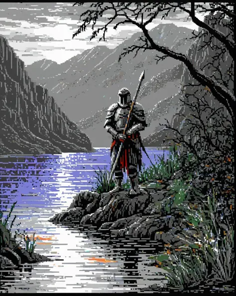 dosegagfx style,pixel art, Palette Knife Drawing of a "Paladin of the Lost Hour", inside of a Loch Ness, Agfacolor, Silver background, <lora:dosegagfxSDXLv3_2:1>