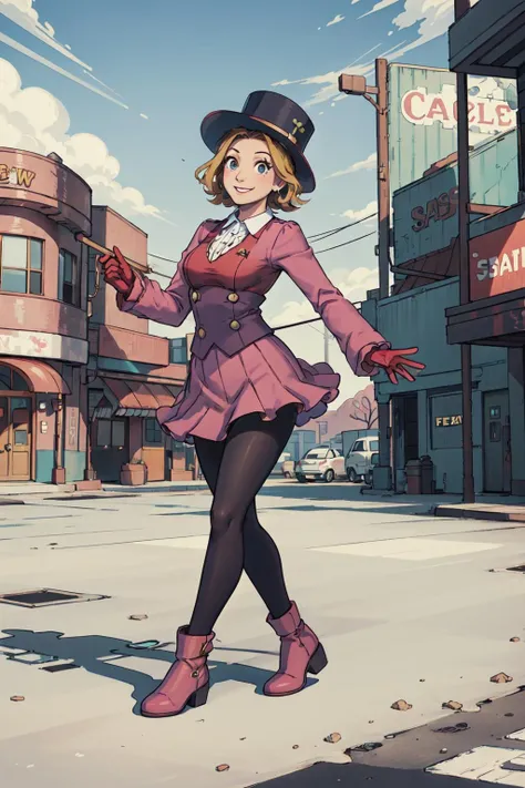(masterpiece,best quality),1girl,stperformer,top hat,cane,red gloves,pink skirt,pantyhose,smiling,dancing,full body,solo,on street corner,desert,casino,(style of fallout new vegas), <lora:Stperformer-10:0.6>
