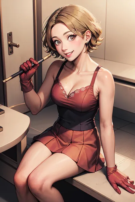 (masterpiece,best quality),1girl,stperformer,short hair,brown hair,red gloves,pink skirt,smiling,in dressing room,sitting,applying makeup, <lora:Stperformer-10:0.6>