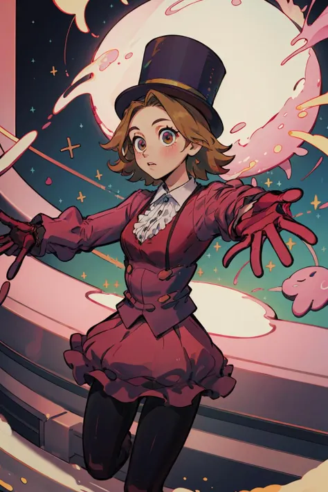 (masterpiece,best quality),1girl,stperformer,short hair,top hat,brown hair,solo,red gloves,pink shirt,lace trim,pink skirt,pantyhose,on stage,in theater, <lora:Stperformer-10:0.7>