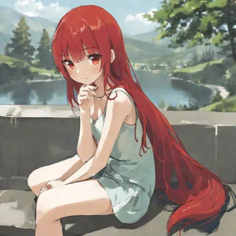 1girl, red hair, sitting,