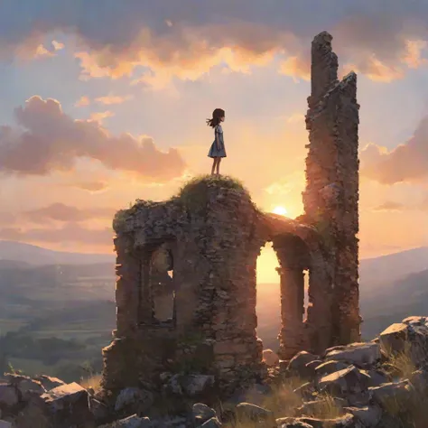 1girl standing in the top of ruin in the sunset