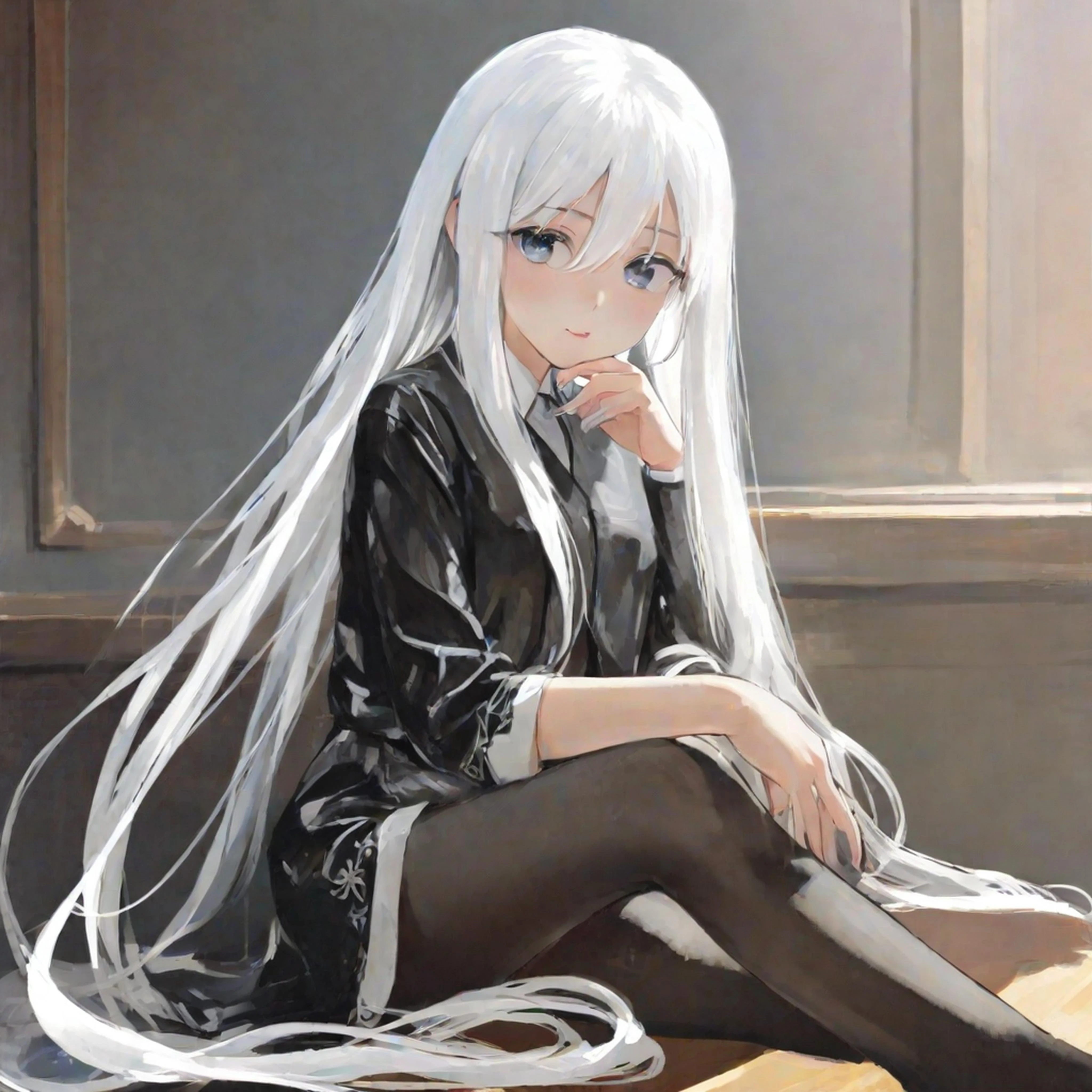 1girl, white hair, sitting,