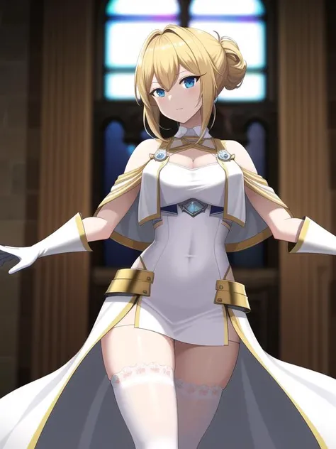 (hyper extreme detailed:1),(masterpeace),(hyper extreme),(photorealistic),(colour:1.2),beautiful lighting,light from the front, simple background,eye highlights,solo,(perfect anatomy:1.4), indoor in church, <lora:JeannedArc_V2:0.55>,jeannedarc \(azur_lane),blond hair,hair up,blue eyes,white dress,white thighhighs,boot