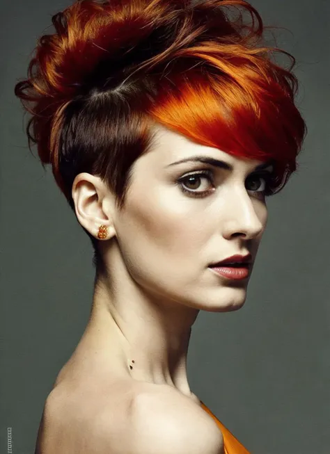 portrait of sks woman by Flora Borsi, style by Flora Borsi, bold, bright colours, orange Mohawk haircut, ((Flora Borsi)), <lora:locon_winonaryder_v1_from_v1_64_32:1>