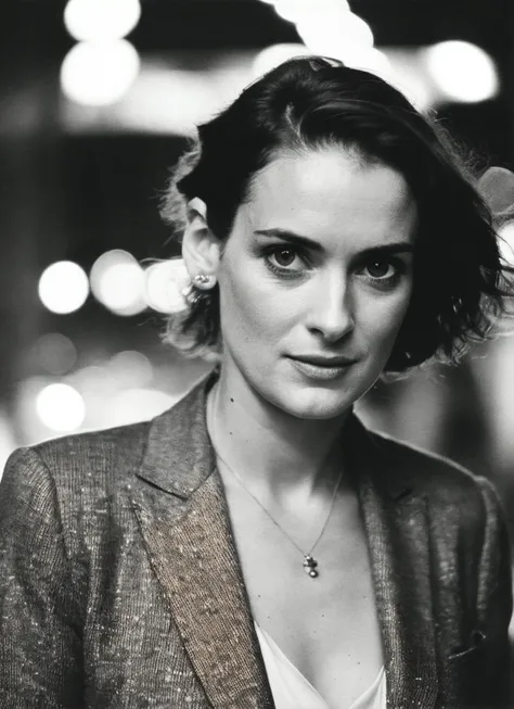 candid RAW close up portrait photo of sks woman in a (purple colored suit:1.0) on a dark street with shopping windows (at night:1.2), bokeh, Ilford Delta 3200 film, dof, high definition, detailed, intricate, flashlight, <lora:locon_winonaryder_v1_from_v1_64_32:1>