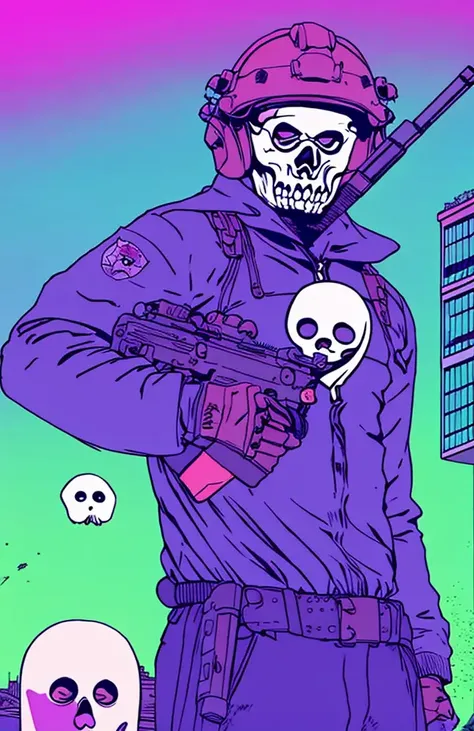 masterpiece, ultra high res, 1man, mid-age man, holding assault rifle,detail face, outdoors, city, <lora:MWghost:1>, (((MWghost))), naked, bare arms, <lora:vaporwave_V10:1>, vaporwave style, purple style