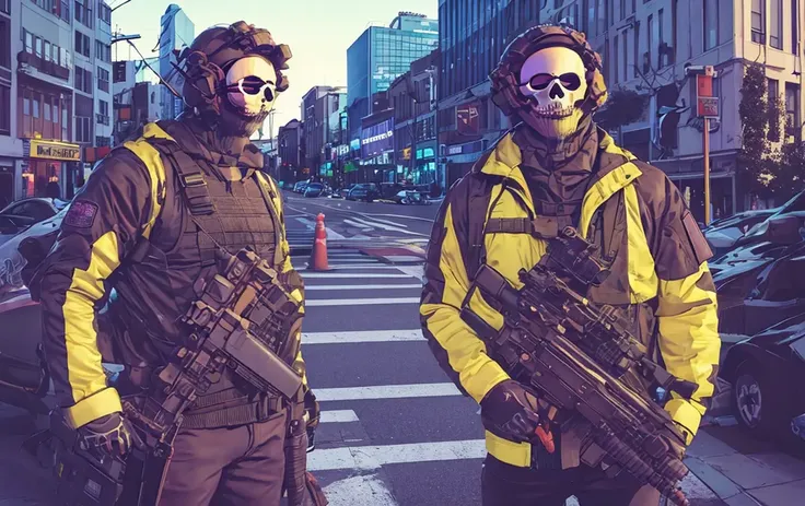 masterpiece, ultra high res, 1man, mid-age man, holding assault rifle,detail face, outdoors, city,   <lora:MWghost:1>, (((MWghost))), tactical clothes, <lora:vaporwave_V10:1>, vaporwave style, purple style