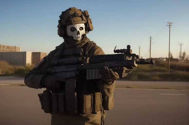 <lora:MWghost:1>, (MWghost), assault rifle, tactical clothes,, best quality, ultra high res, (photorealistic:1.4),