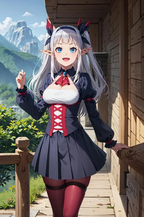 ((masterpiece, best quality, masterpiece)), ((ultra-detailed)), ((high resolution illustration)), ((an extremely delicate and beautiful)) ((1girl)), ((rurushi_ru, 1girl, blue eyes, white hair, two_side_up, straight hair, long hair, pointy ears, blunt bangs, hair ribbon, hair bow, hairband, medium breasts, skinny, narrow waist, wind, floating hair)), ray_tracing, (((beautiful detailed forest village, outdoors))), ((photorealistic)), (smile), (cleavage, red ascot, cross-laced clothes, puffy sleeves, juliet sleeves, dirndl, brooch, black skirt, pantyhose, red legwear, black shoes), (dynamic pose:1.2), (from front) <lora:LuLucy:0.7>
