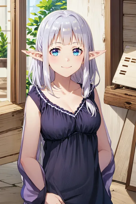 best quality, masterpiece, highly detailed,
<lora:chara_IsekaiNonbiriNouka_Rurushi_v2:0.8>, ruu rurushi,
light smile, closed mouth,
grey hair, long hair, blue eyes, pointy ears, (hair over shoulder:1.4),
nightgown, purple dress, medium breasts, upper body,
standing, hands behind back, looking at the viewer,
indoors, wood,