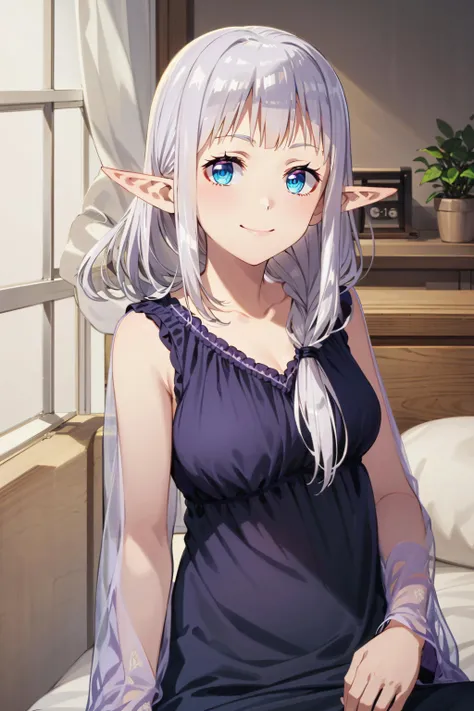 best quality, masterpiece, highly detailed,
<lora:chara_IsekaiNonbiriNouka_Rurushi_v2:0.8>, ruu rurushi,
light smile, closed mouth,
grey hair, long hair, blue eyes, pointy ears, (hair over shoulder:1.4),
nightgown, purple dress, medium breasts, upper body,
sitting, on bed, looking at the viewer,
indoors