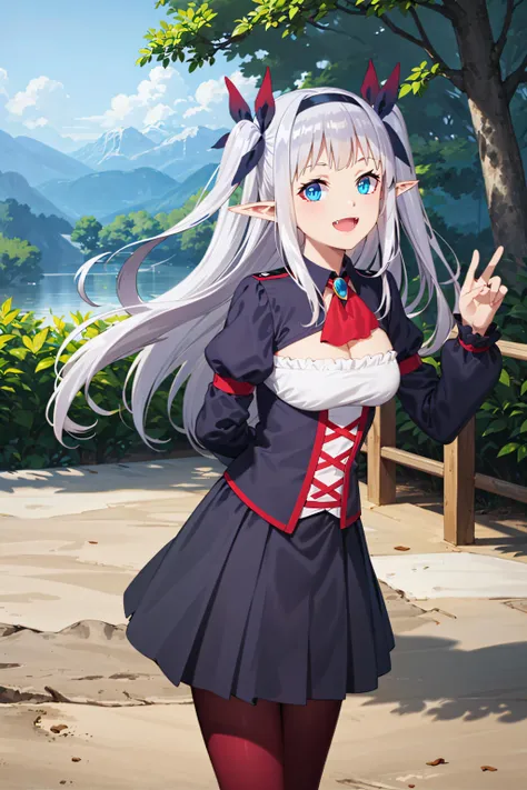 best quality, masterpiece, highly detailed,
<lora:chara_IsekaiNonbiriNouka_Rurushi_v2:0.8>, ruu rurushi,
smile, open mouth, fang,
grey hair, long hair, blue eyes, pointy ears, two side up, hair ribbon, hairband,
black dress, cleavage cutout, pleated skirt, ascot, long sleeves, (red pantyhose:1.2), hairband, puffy sleeves,
standing, hands behind back, looking at the viewer,
forest, mountains