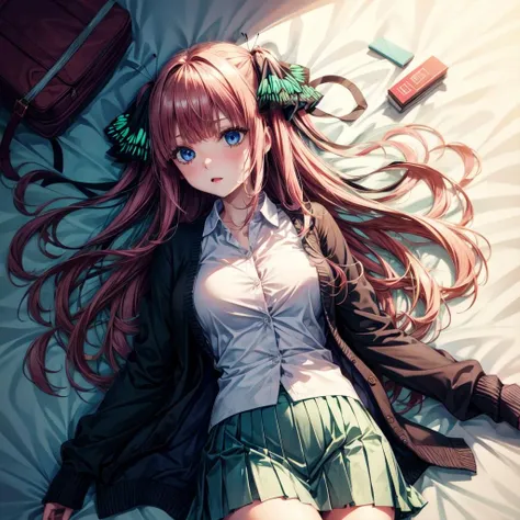 (masterpiece, best quality, high quality, highres, ultra-detailed), <lora:add_detail:1>, <lora:Nino Nakano_2:0.7>, nino nakano, long hair, bangs, blue eyes, hair ornament, hair ribbon, pink hair, blunt bangs, two side up, butterfly hair ornament, skirt, shirt, long sleeves, white shirt, pleated skirt, open clothes, collared shirt, sleeves past wrists, dress shirt, cardigan, green skirt, open cardigan, black cardigan, laying down