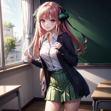 (masterpiece, best quality, high quality, highres, ultra-detailed), <lora:add_detail:1>, <lora:Nino Nakano_2:0.7>, nino nakano, long hair, bangs, blue eyes, hair ornament, hair ribbon, pink hair, blunt bangs, two side up, butterfly hair ornament, skirt, shirt, long sleeves, white shirt, pleated skirt, open clothes, collared shirt, sleeves past wrists, dress shirt, cardigan, green skirt, open cardigan, black cardigan, standing up, classroom, smile