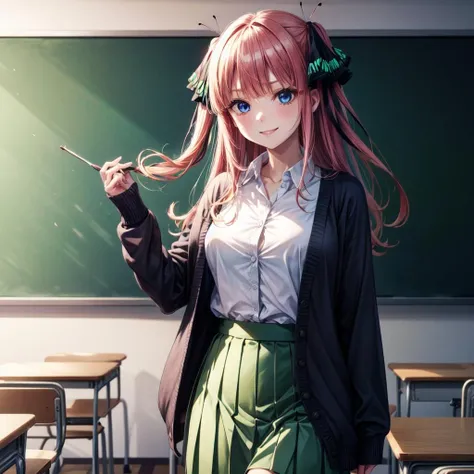 (masterpiece, best quality, high quality, highres, ultra-detailed), <lora:add_detail:1>, <lora:Nino Nakano_2:0.6>, nino nakano, long hair, bangs, blue eyes, hair ornament, hair ribbon, pink hair, blunt bangs, two side up, butterfly hair ornament, skirt, shirt, long sleeves, white shirt, pleated skirt, open clothes, collared shirt, sleeves past wrists, dress shirt, cardigan, green skirt, open cardigan, black cardigan, standing up, classroom, smile