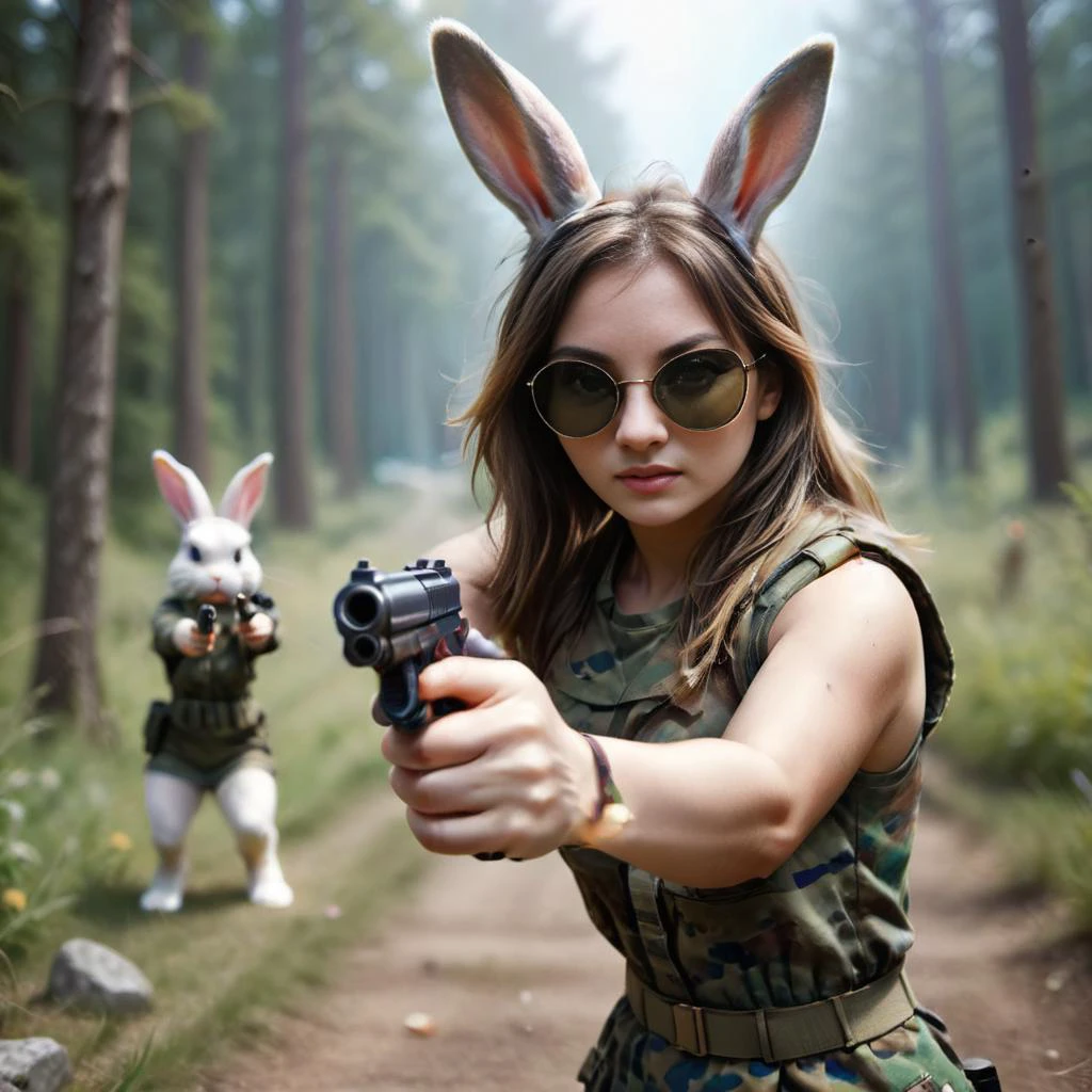 a lot of colorful eastereggs, a girl with bunny ears, a girl bunny with military sunglasses, bunny ears, aiming with a pistol at the viewer, blurry, blurry background, blurry foreground, depth of field, motion blur, in nature,
<lora:GUNATYOU_XL:0.5>gunatyou, looking at viewer, pistol,
<lora:SunGlass:0.4>realism, super detailed
<lora:Lapicentaur_SDXL:0.6>lapicentaur